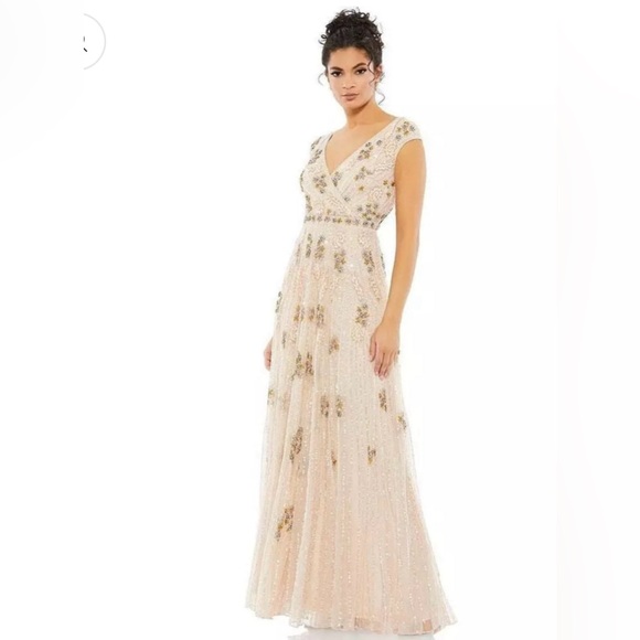 Mac Duggal Gold and Pink Embellished Gown with V-Neck
